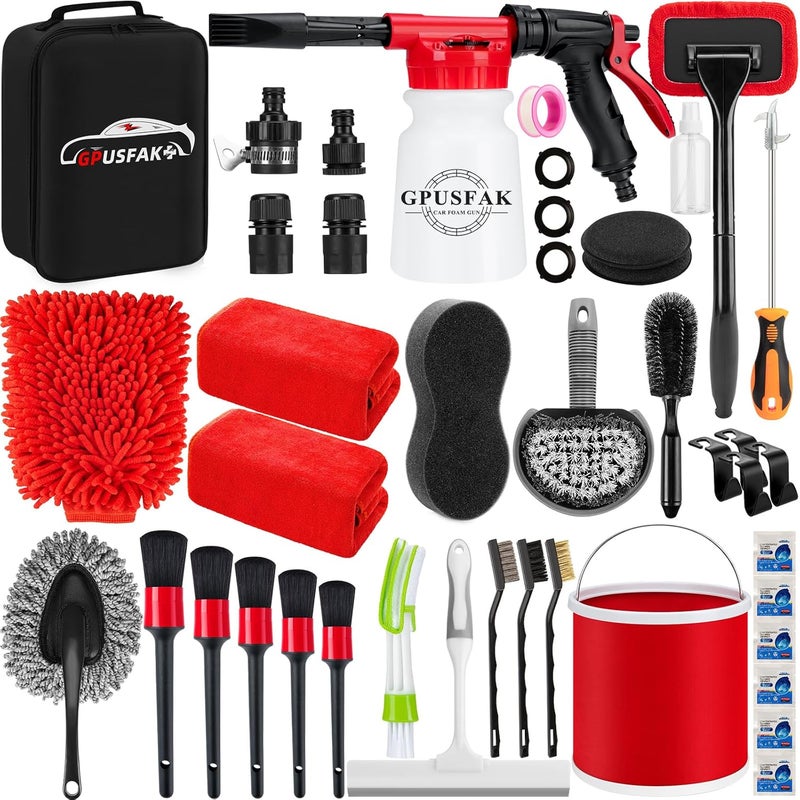 GPUSFAK 39Pcs Car Wash Cleaning Kit with Foam Gun Sprayer Detailing Brushes Collapsible Bucket Windshield Cleaning Tool Tire Brush Towels Complete Interior Exterior Detailing Set for Car - Image 1
